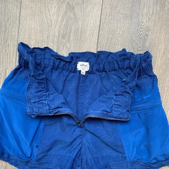 Aritzia Wilfred Shorts Crepe Paperbag Ruched Elastic Waist Linen Cobalt Blue - Picture 5 of 15